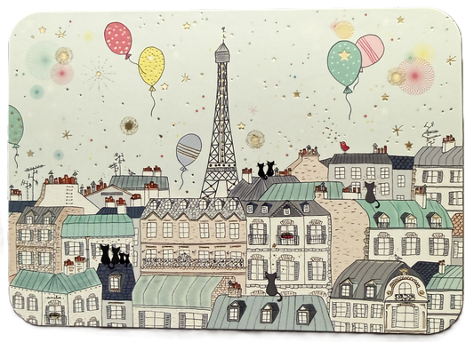 Cartes d'Art Paris Rooftops Postcard by Amélie Laffaiteur Biggs featuring an illustration of a Parisian rooftop scene with the Eiffel Tower, cats and colorful balloons.