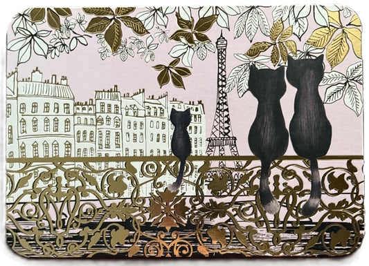 Black Cats in Paris Postcard by Pascale Godard featuring an illustration of cats on a bridge with the Eiffel Tower and Parisian skyline in the background with pretty gold foil details.