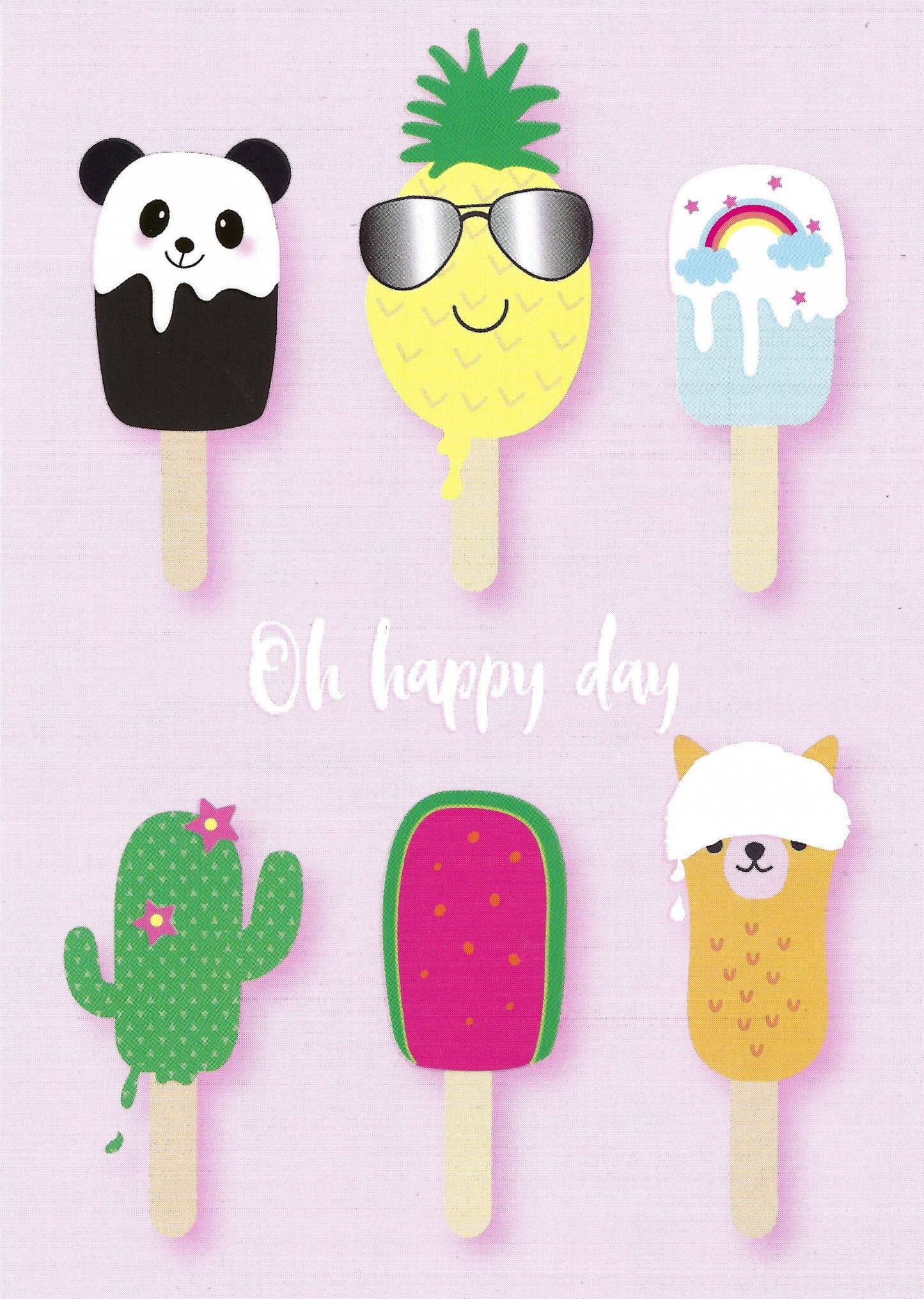 Oh Happy Day - Ice Cream Popsicles Postcard by Edition Gollong featuring a set of colorful popsicles on a pink background