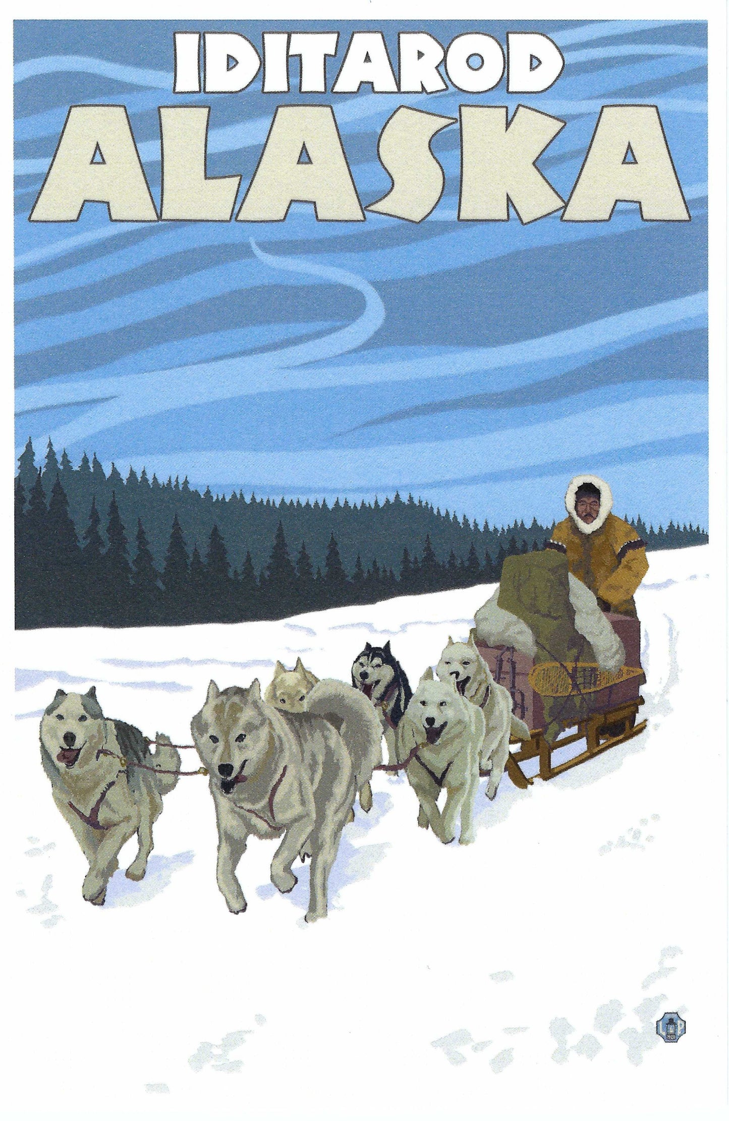 Lantern Press postcard featuring vintage-style artwork of the Iditarod Trail in Alaska with sled dogs
