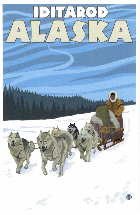 Lantern Press postcard featuring vintage-style artwork of the Iditarod Trail in Alaska with sled dogs