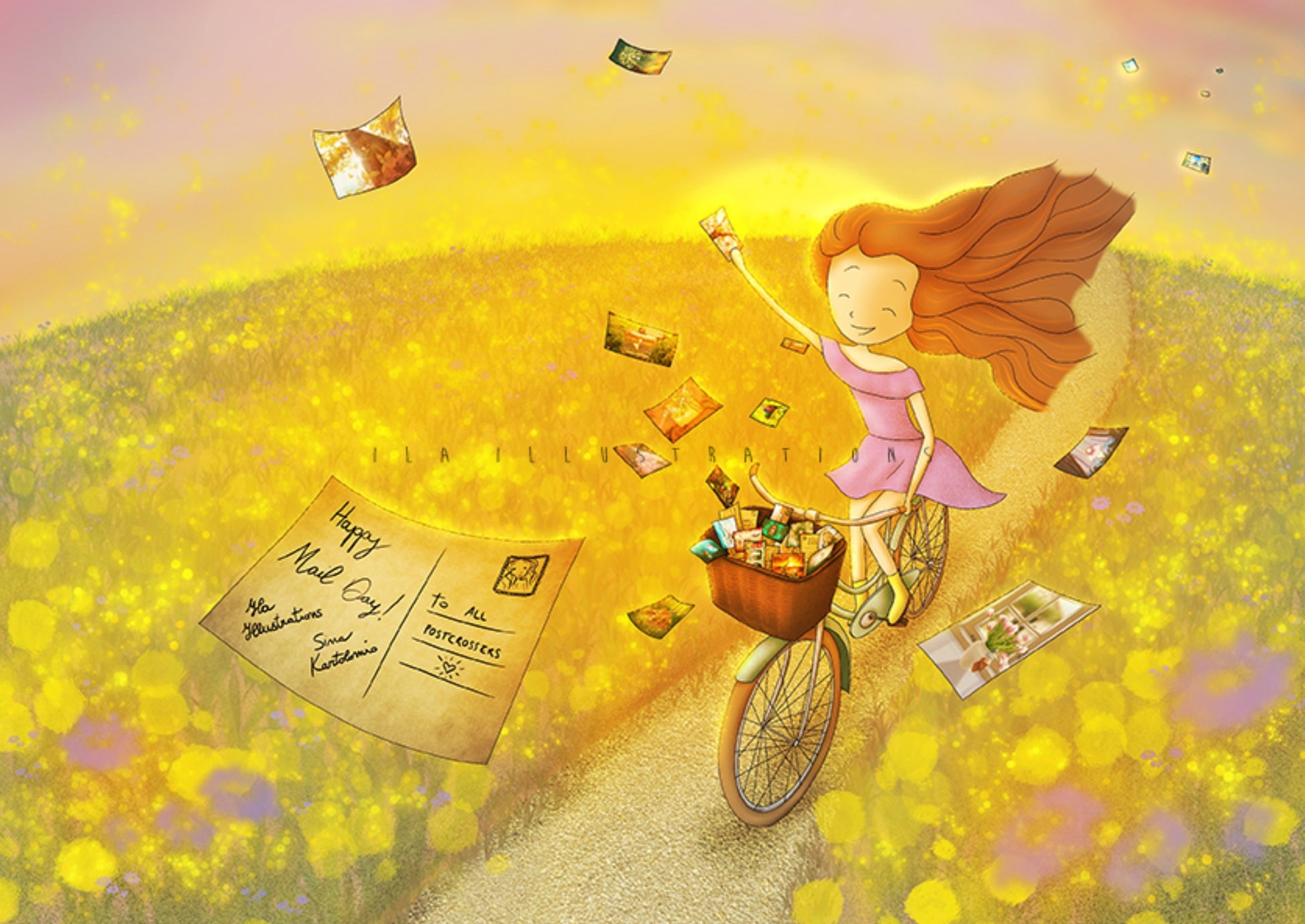 Happy Mail Day Postcard by Ila Illustrations featuring a whimsical illustration of a girl with long hair riding a bicycle in a golden field, with postcards floating around her. The scene is bathed in warm yellow and gold light, with a large postcard reading 'Happy Mail Day' in the foreground.