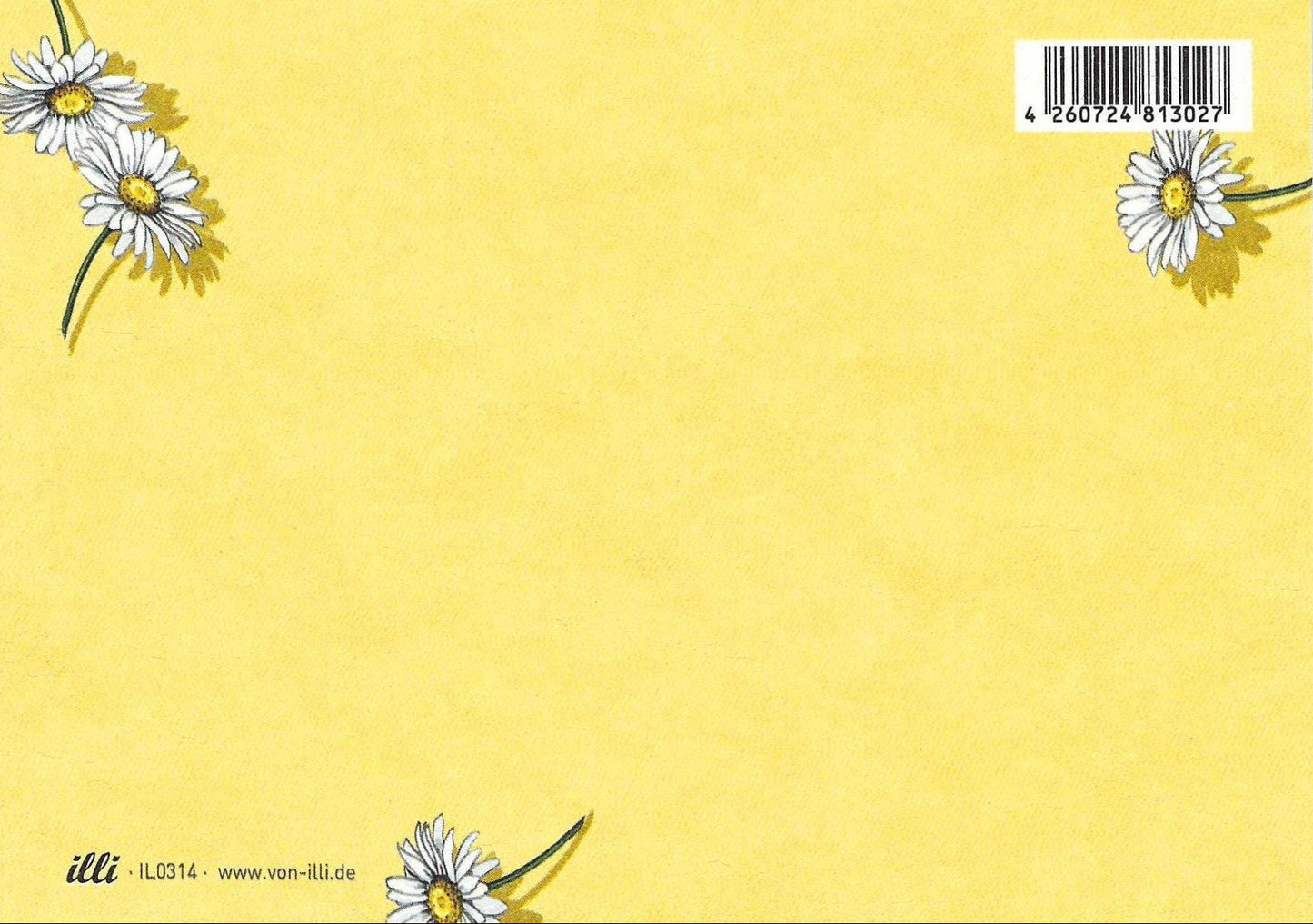Postcard back featuring a yellow background with daisy flowers and a barcode on the top right corner.