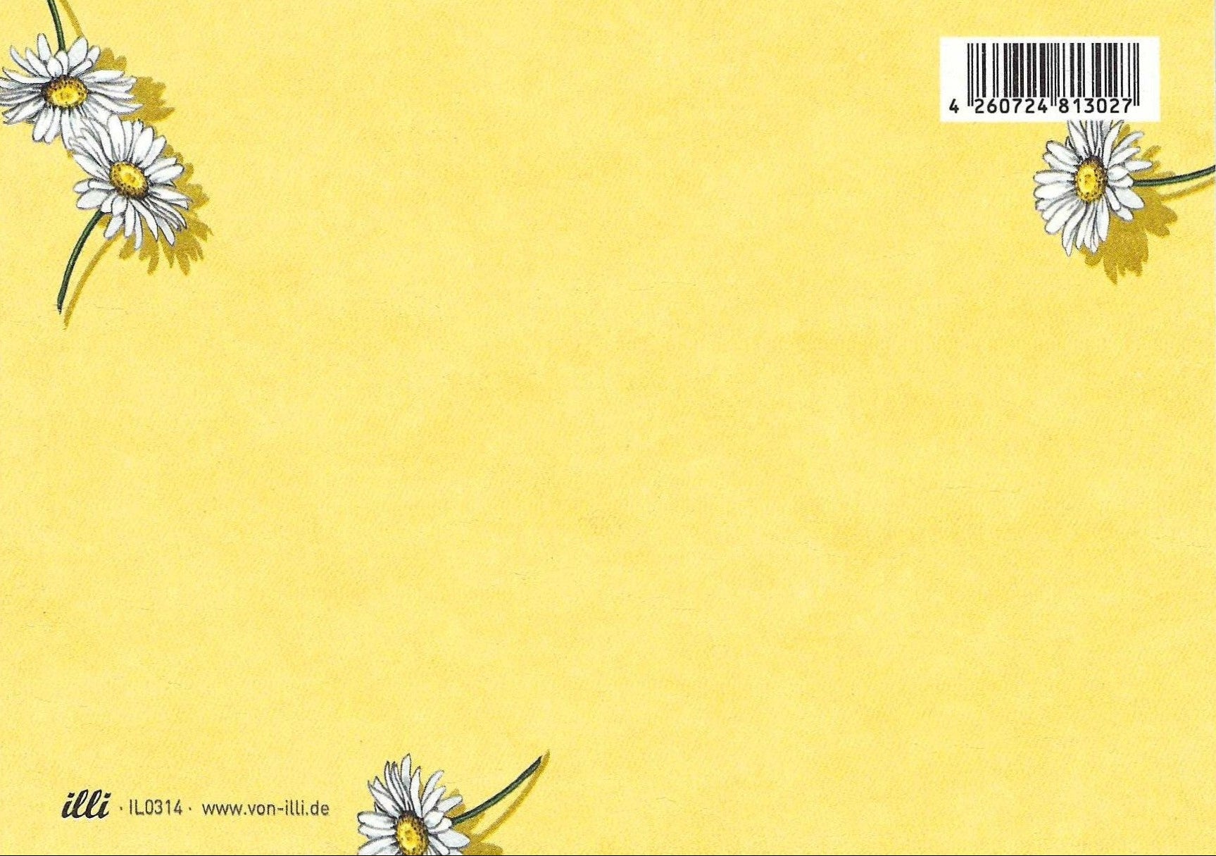 Postcard back featuring a yellow background with daisy flowers and a barcode on the top right corner.