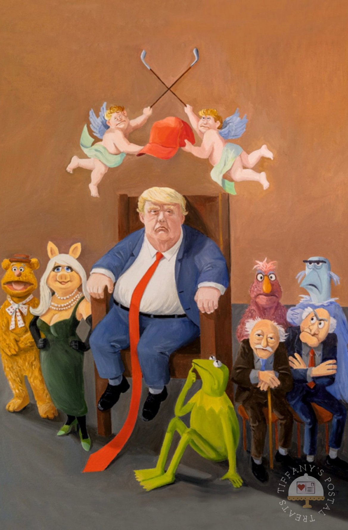 In Good Company Trump Postcard by Inkognito showing Donald Trump seated in a wooden chair, wearing a blue suit and a long red tie, with the Muppets around him. Above him, two cherubs hold a red hat overhead.