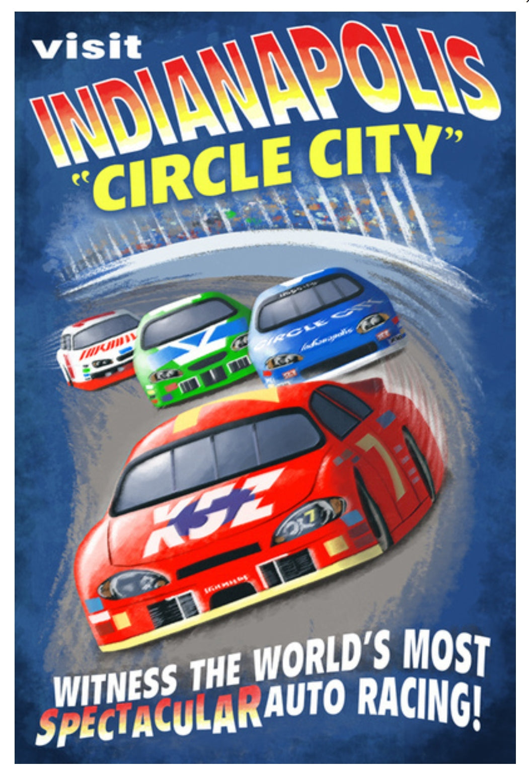 Lantern Press Postcard - Indianapolis, Indiana - Indianapolis Circle City Vintage Sign Postcard with race cars and text about auto racing - Indianapolis 500