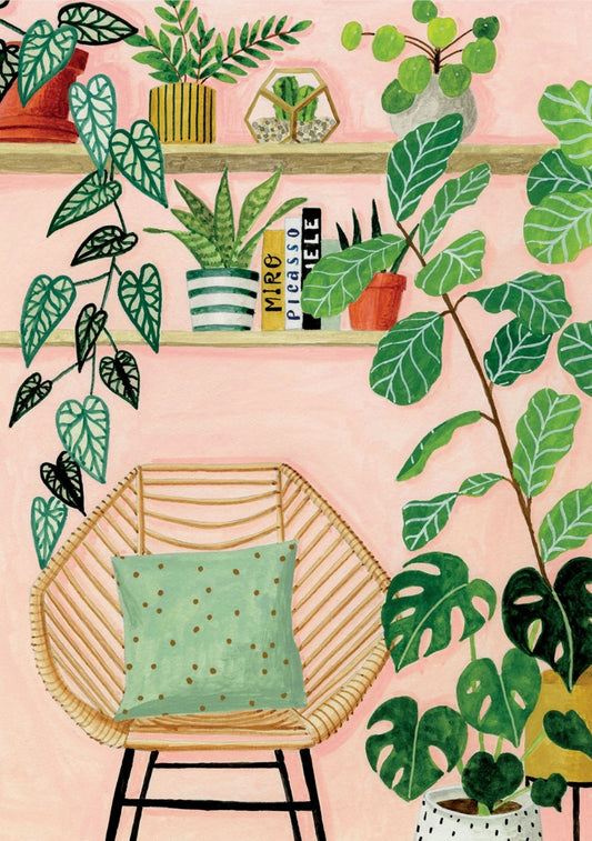 Indoor Jungle Postcard by Mélanie Voituriez featuring a cozy interior filled with vibrant houseplants.