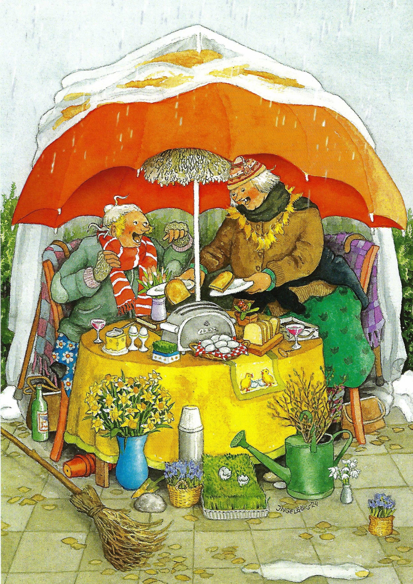 Inge Löök - Aunties - Friends - Old Ladies - Women Having Breakfast in the Rain - Postcard