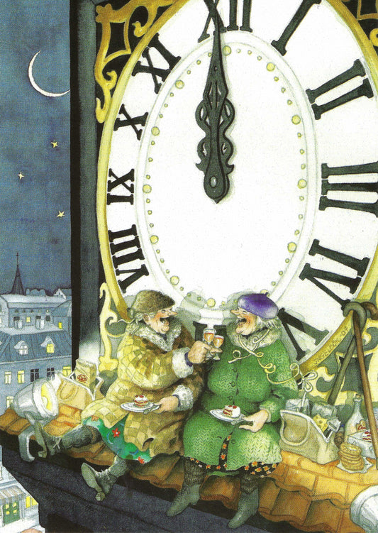 Inge Löök - Aunties - Friends - Old Ladies - Women Toasting to the New Year - Champagne - Clock - Postcard