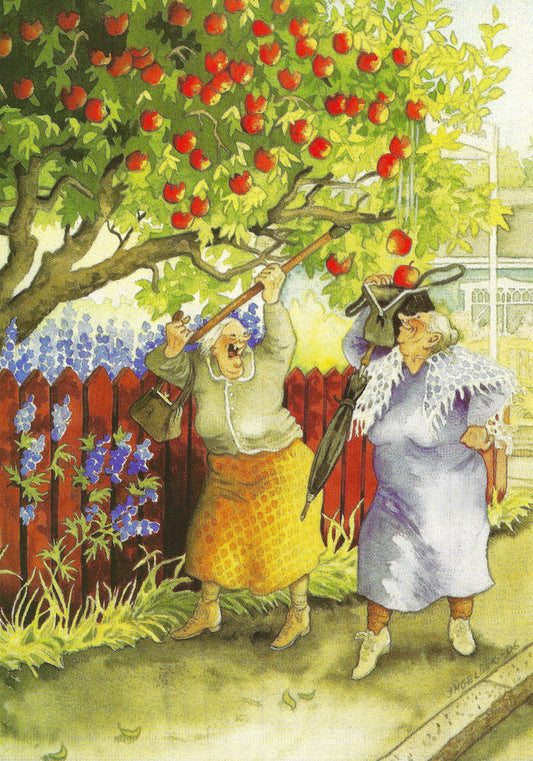 Inge Löök - Women Shaking Apple Tree - Friends - Aunties - Old Ladies - Postcard