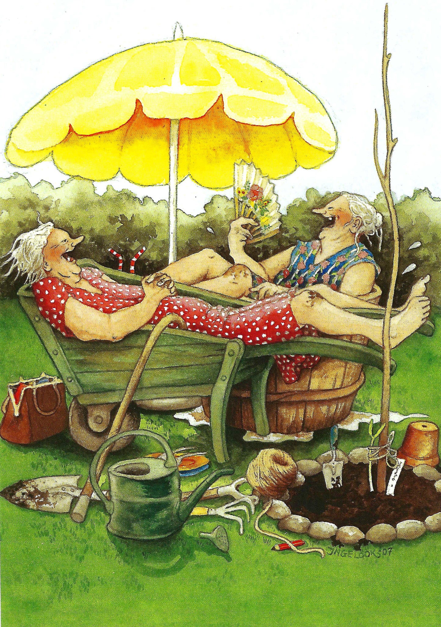 Inge Löök - Aunties - Grannies - Friends - Women in Wheelbarrow and Tub - Postcard