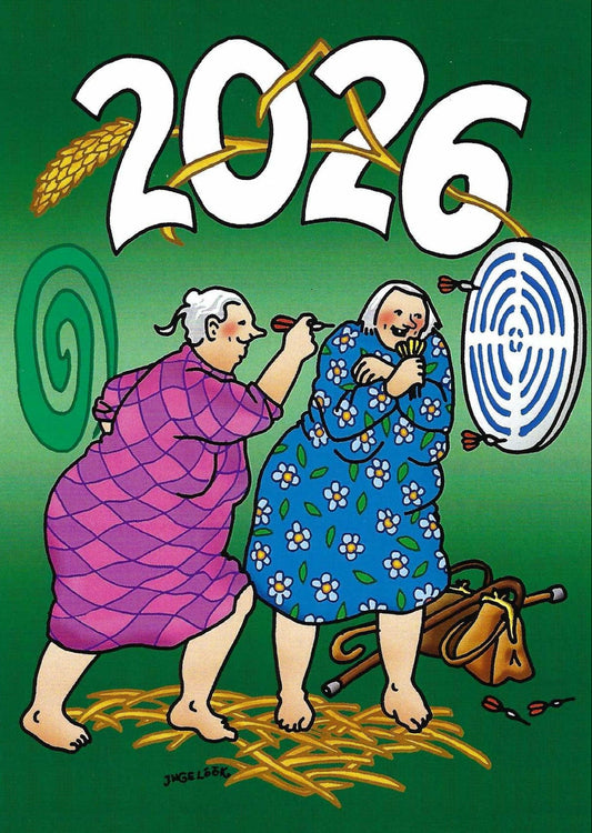 Inge Löök 2026 Postcard - Aunties playing darts with 2026 in text