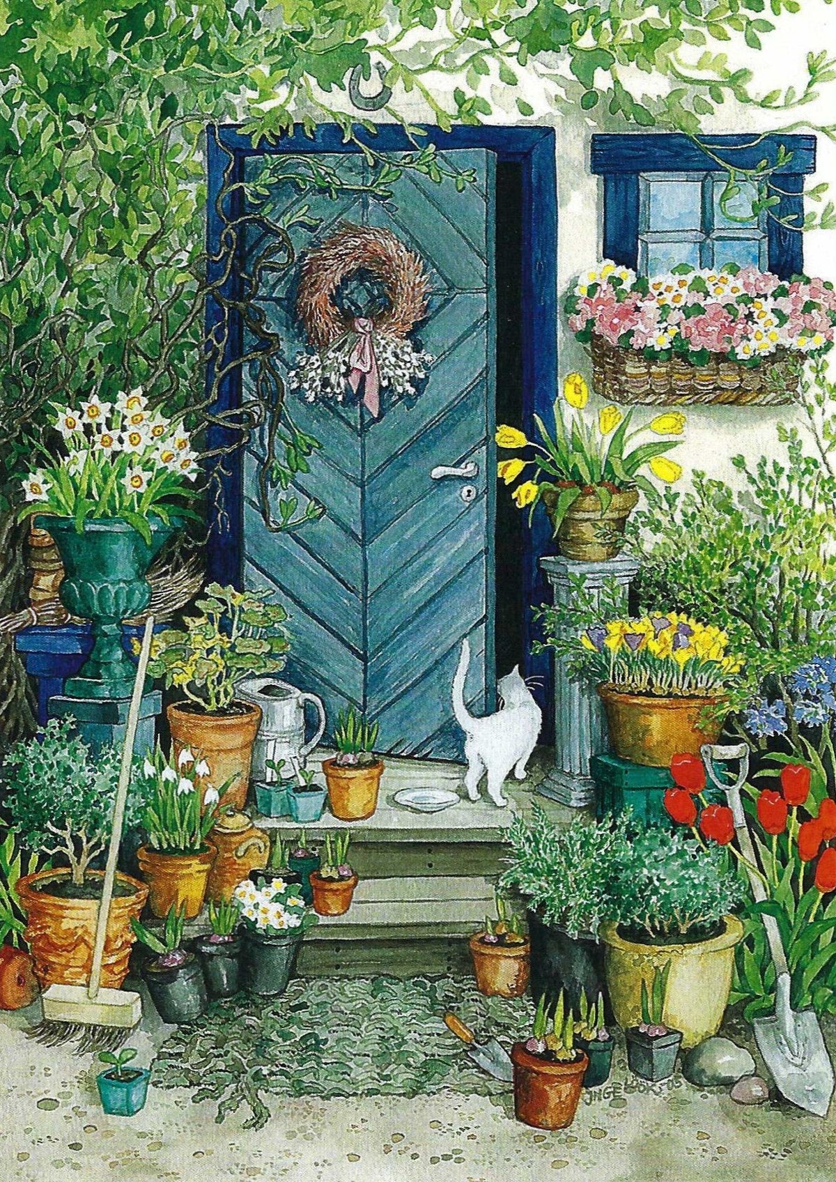 White Cat and Flowerpots at the Front Door Postcard by Inge Löök featuring a gardening scene with a blue door, plants, and a white cat.