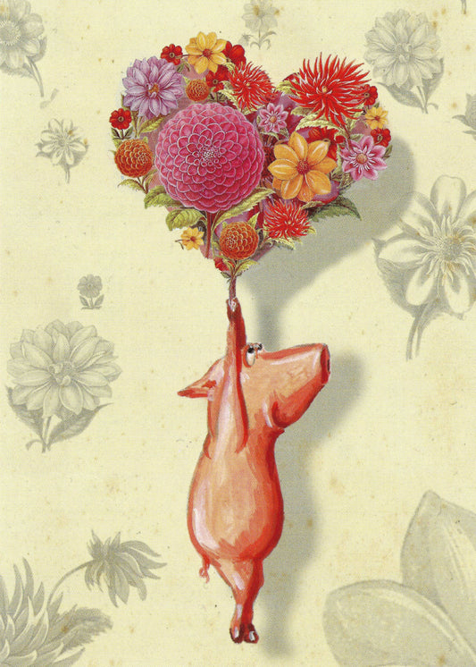 Inkognito - Flower - Heart - Piggie - Pig - Postcard