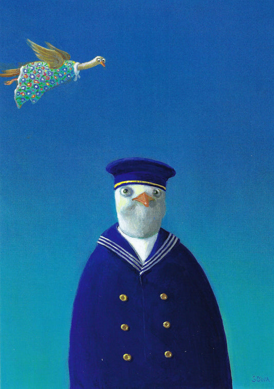 Inkognito Postcard featuring an illustration of a bird dressed in a sailor suit.
