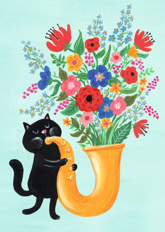Inkognito - Cat - Saxaphone - Flowers - Postcard
