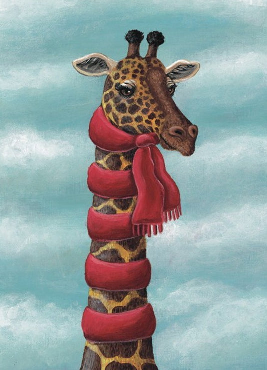 “Inkognito postcard featuring a giraffe wearing a red scarf—funny animal illustration perfect for Postcrossing, get well wishes, and collectors.