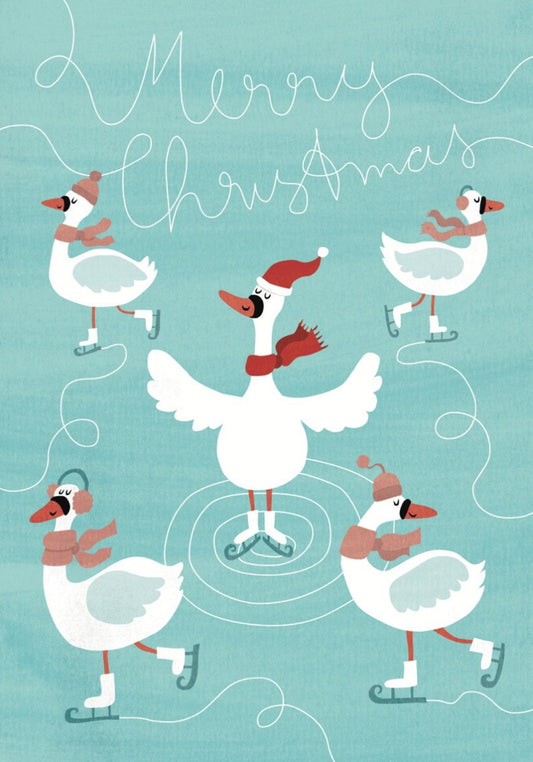 Inkognito Postcard - Swans - Merry Christmas - Ice Skating