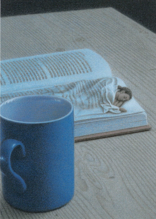 Inkognito postcard by Quint Buchholz featuring a cozy nighttime scene with a book and mug—dreamy illustration perfect for book lovers, readers, and Postcrossing