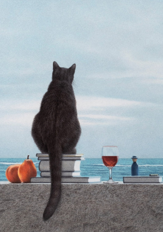 Inkognito - Cat - Books - Wine - Cat by the Sea - Postcard