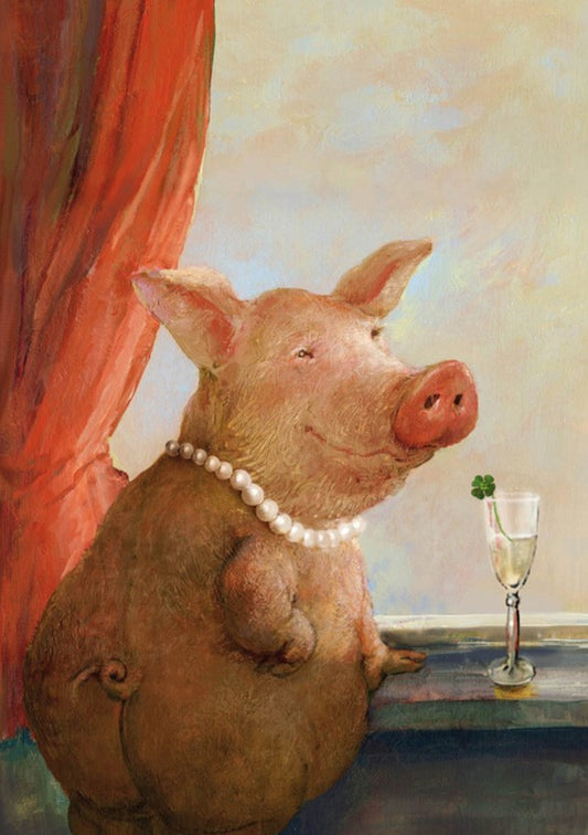Inkognito postcard by Rudi Hurzlmeier featuring a satirical pig as the village beauty—humorous illustration perfect for Postcrossing, collectors, and fans of quirky animal art.