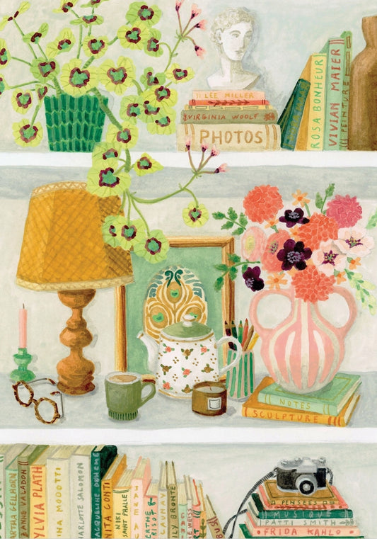 Inspirations Postcard by Mélanie Voituriez featuring shelves with books, camera, flowers, lamp, etc.