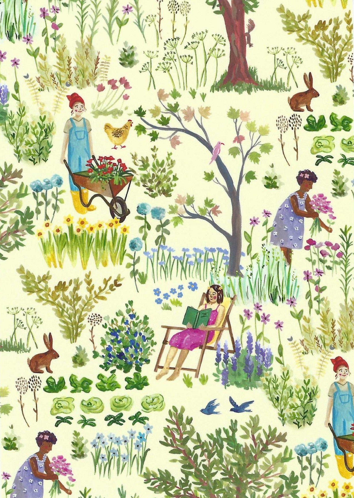 Das Brooklyn Postcard featuring an illustration of a garden scene with people gardening and nature elements.