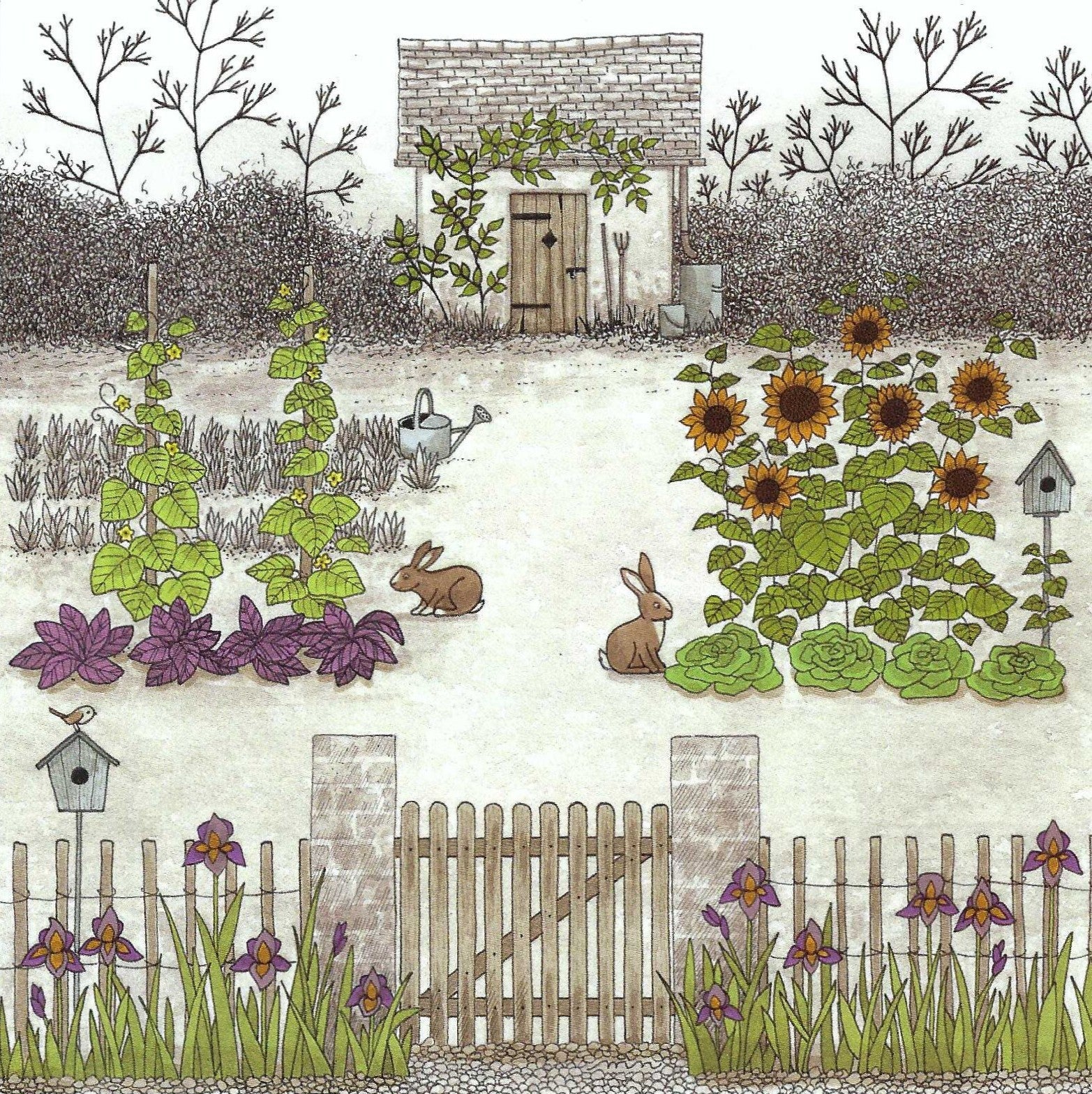 In the Garden Postcard by Editions Titi Pinson featuring an illustration of a garden scene with sunflowers, rabbits, flowers and a garden shed with tools.
