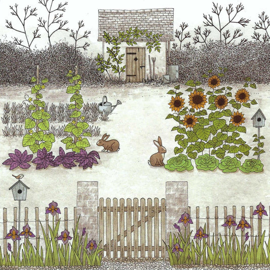 In the Garden Postcard by Editions Titi Pinson featuring an illustration of a garden scene with sunflowers, rabbits, flowers and a garden shed with tools.