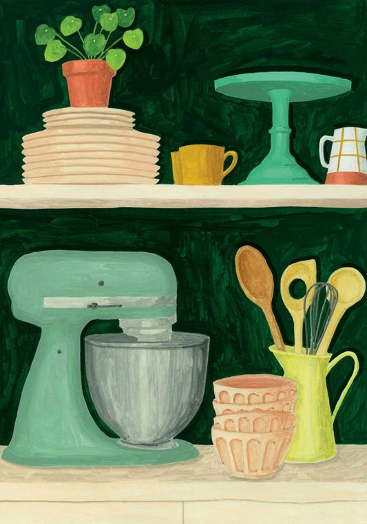 In the Kitchen Postcard by Melanie Voiturie featuring a mixer, utensils, and shelves with plates and cups.
