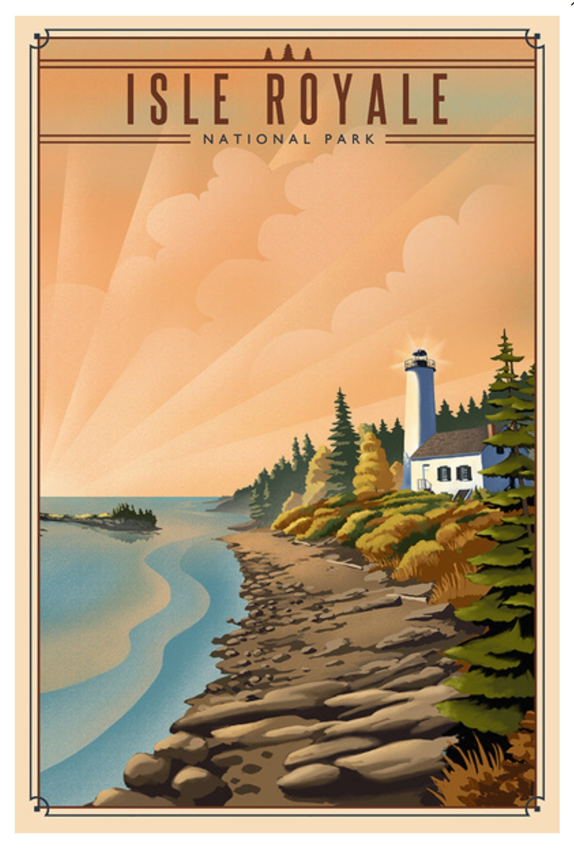 Isle Royale National Park, Michigan Postcard by Lantern Press showing a rocky shoreline, Rock Harbor Lighthouse, evergreen trees, and a warm orange sky with sun rays. The text 'ISLE ROYALE NATIONAL PARK' appears at the top.