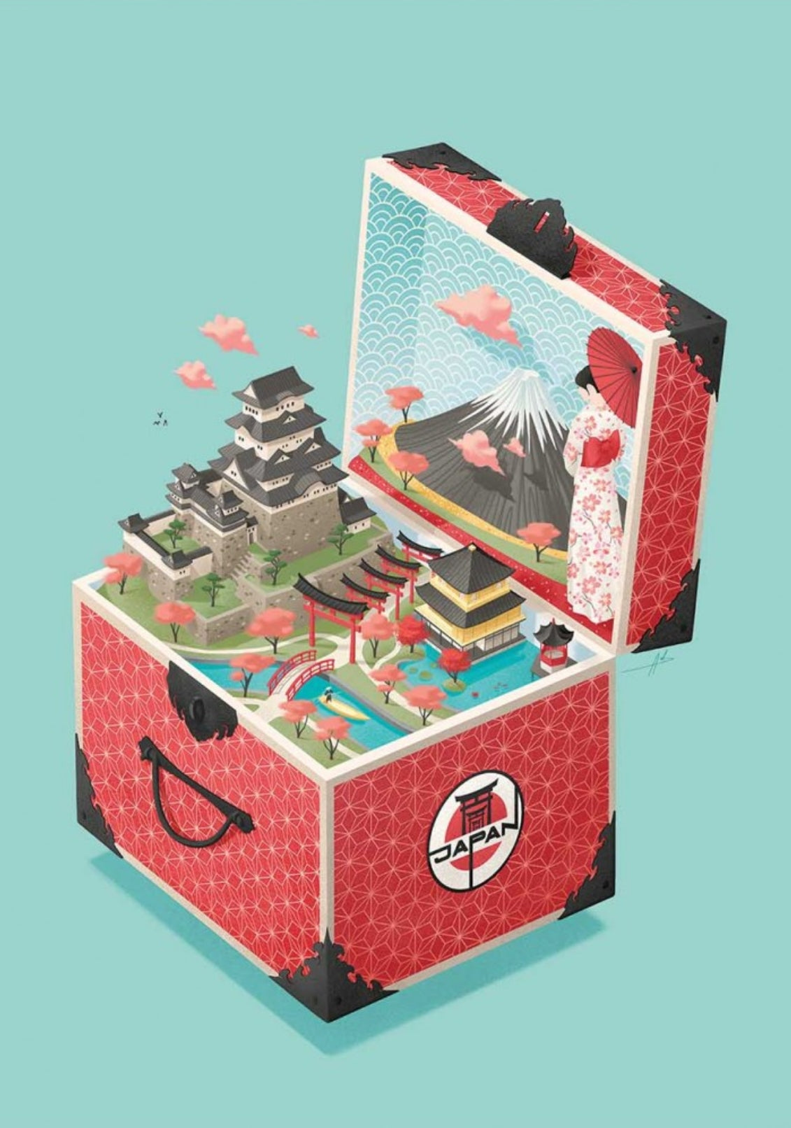 Japan Postcard by Andrea de Santis featuring an illustration of a red suitcase with Japanese-themed scenes and Mount Fuji on a light blue background