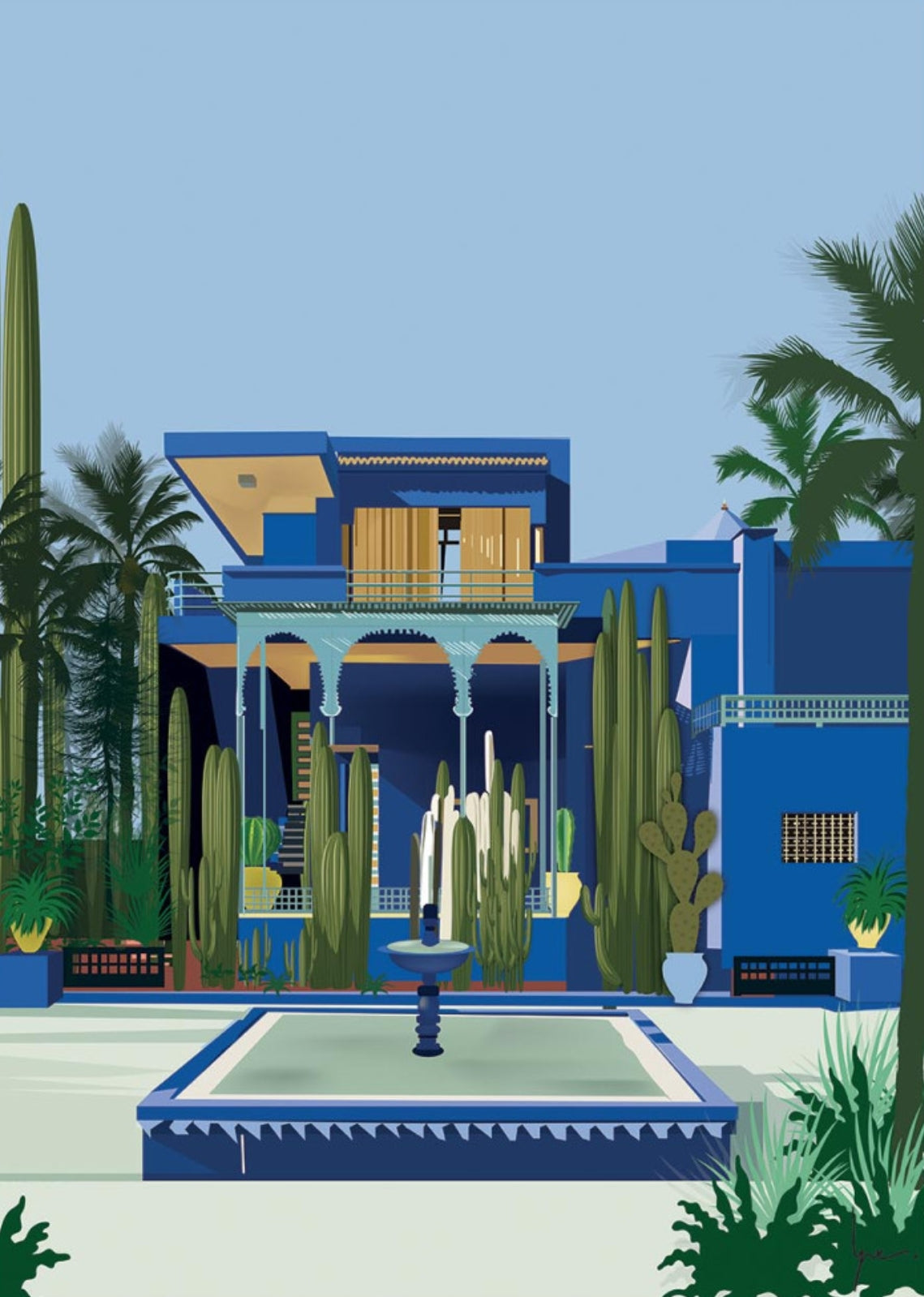 Jardin Majorelle Postcard by LPX Illustration featuring an illustration of a blue building with a fountain, cacti and palm trees against a clear sky.