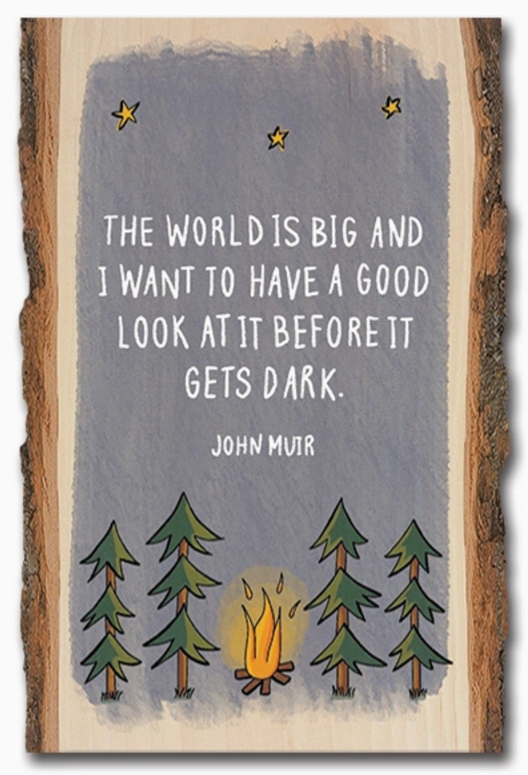 Wooden postcard with a quote by John Muir, with trees and a campfire.
