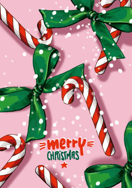 Candy Cane Christmas Postcard by Nobis Design featuring red and white striped candy canes with large green bows on a light pink background with white snowflakes and the text 'Merry Christmas' near the bottom.