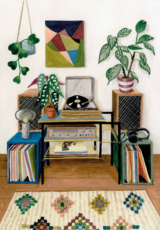 Jungle Vinyl illustrated postcard by Mélanie Voituriez featuring houseplants, turntable, and vinyl record. Ideal for Postcrossing and music-themed snail mail.