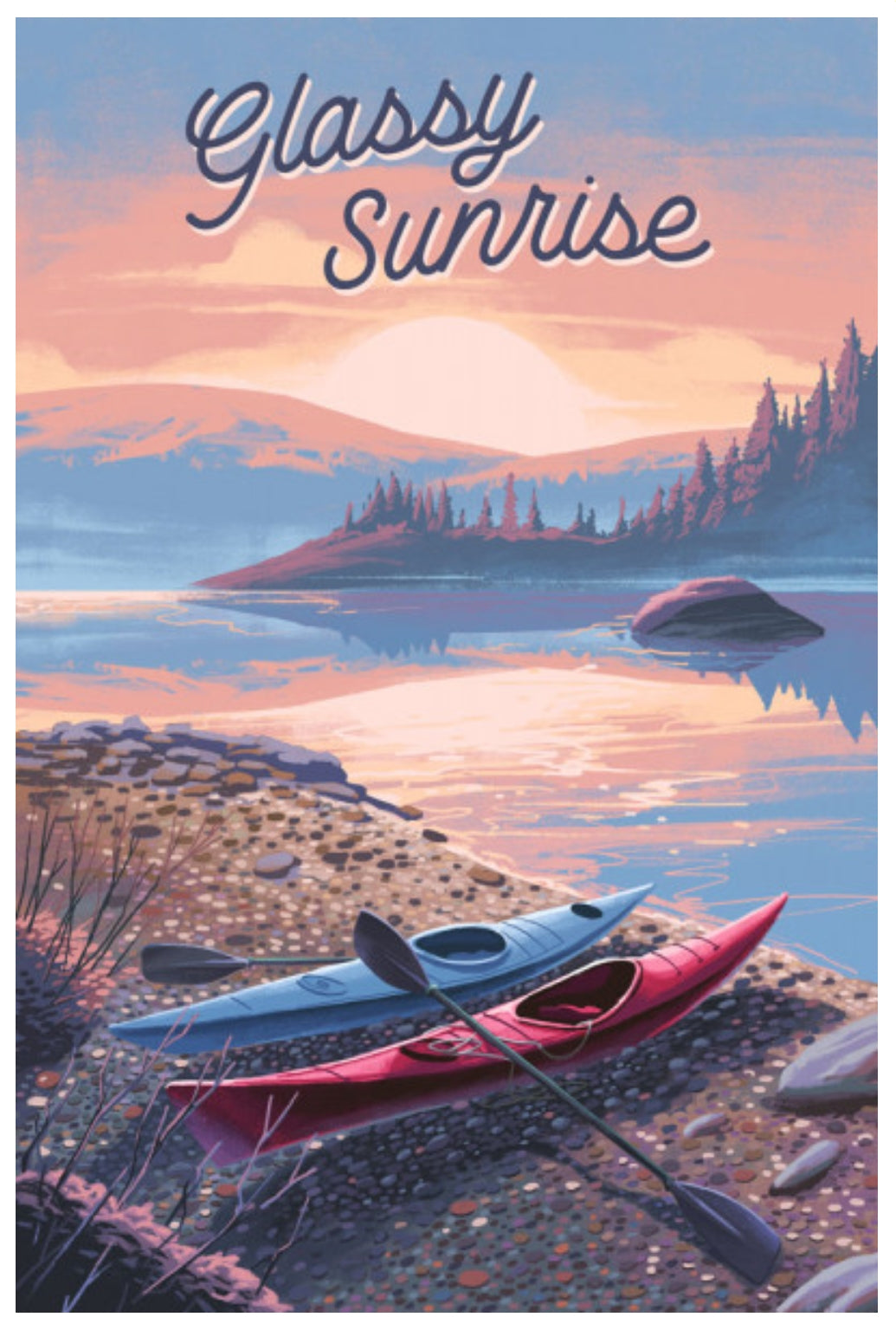 Kayak postcard by Lantern Press – colorful kayaks on a glassy lake at sunrise in peaceful nature travel art style