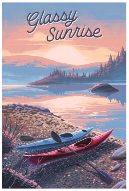 Kayak postcard by Lantern Press – colorful kayaks on a glassy lake at sunrise in peaceful nature travel art style