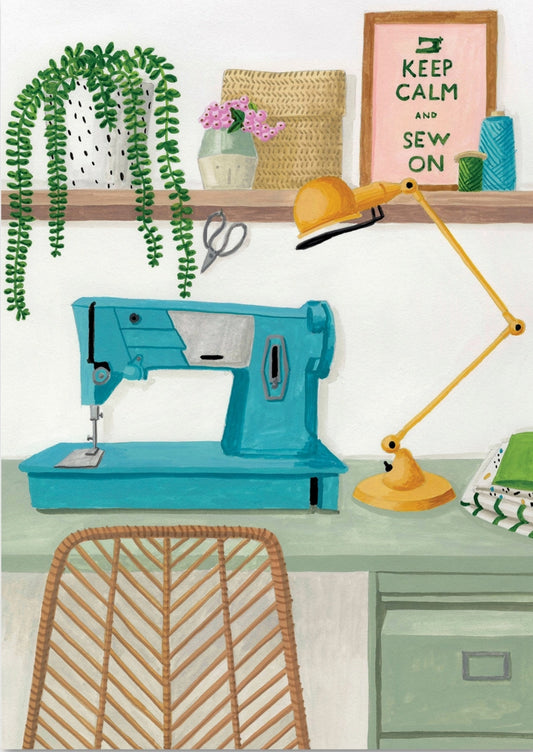 Keep Calm and Sew postcard by Mélanie Voituriez featuring sewing supplies, fabric, and cozy interior details - ideal for Postcrossing and craft-themed snail mail.