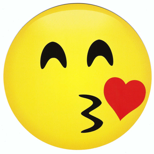 Kiss Smiley Round Postcard by Edition Gollong feauring Emoticon with a kissing face and red heart on a yellow background