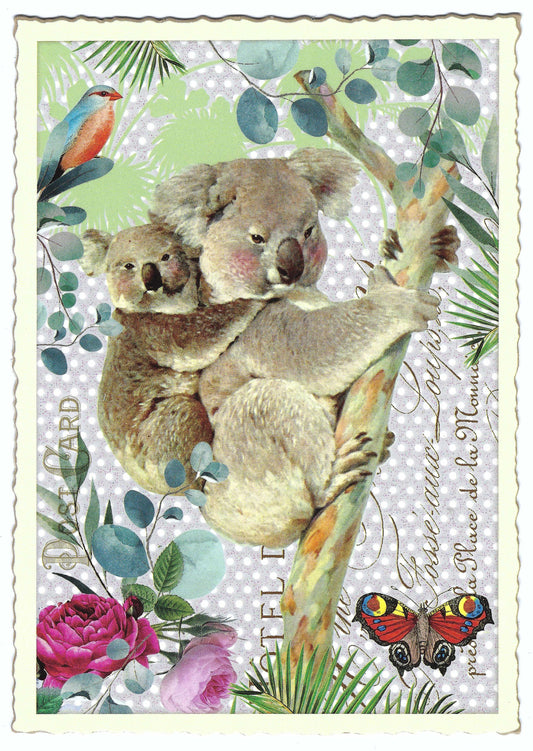 Koala Bear Postcard by Edition Tausendschön featuring a koala and baby on a branch with flowers