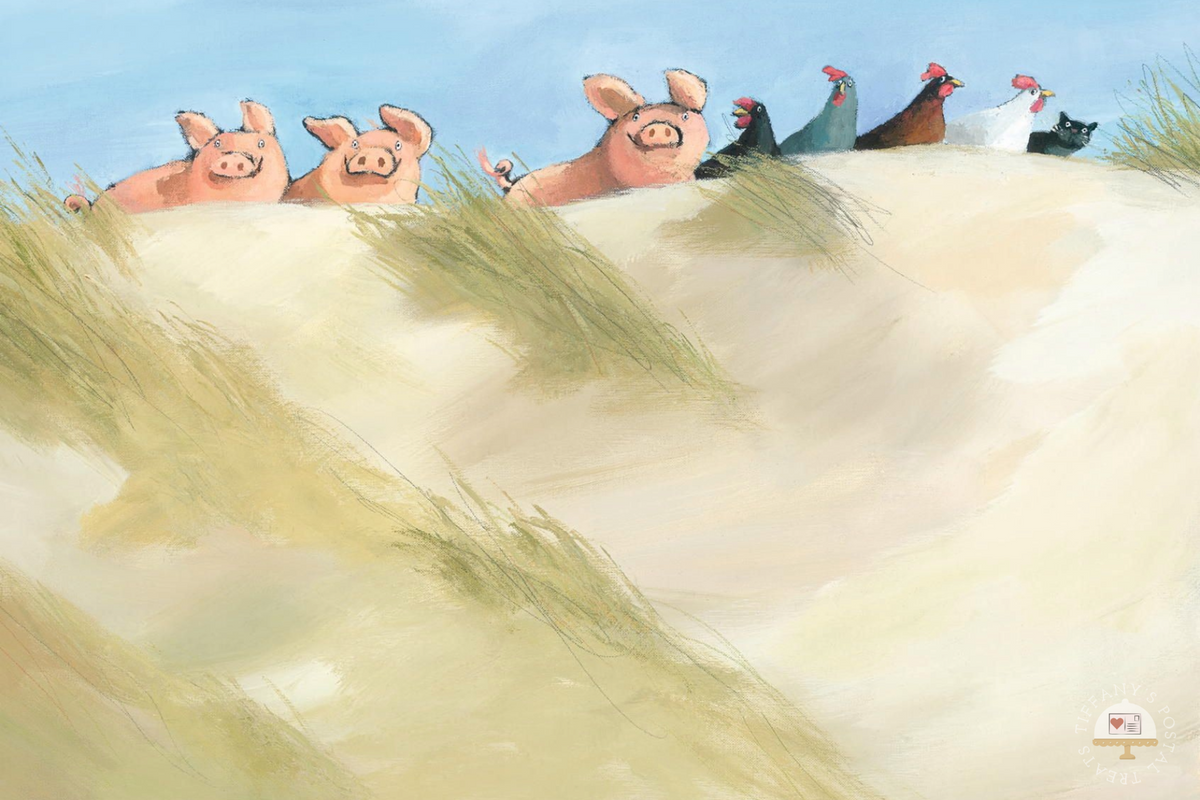 Kringel & Co. Postcard by Inkognito featiromg several pink pigs, chickens and a cat standing on a sandy dune with grasses in the foreground under a pale blue sky.