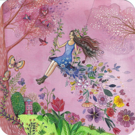 Taurus Kunstkarten - Woman on Swing - Flowers - Butterflies - Spring - Postcard