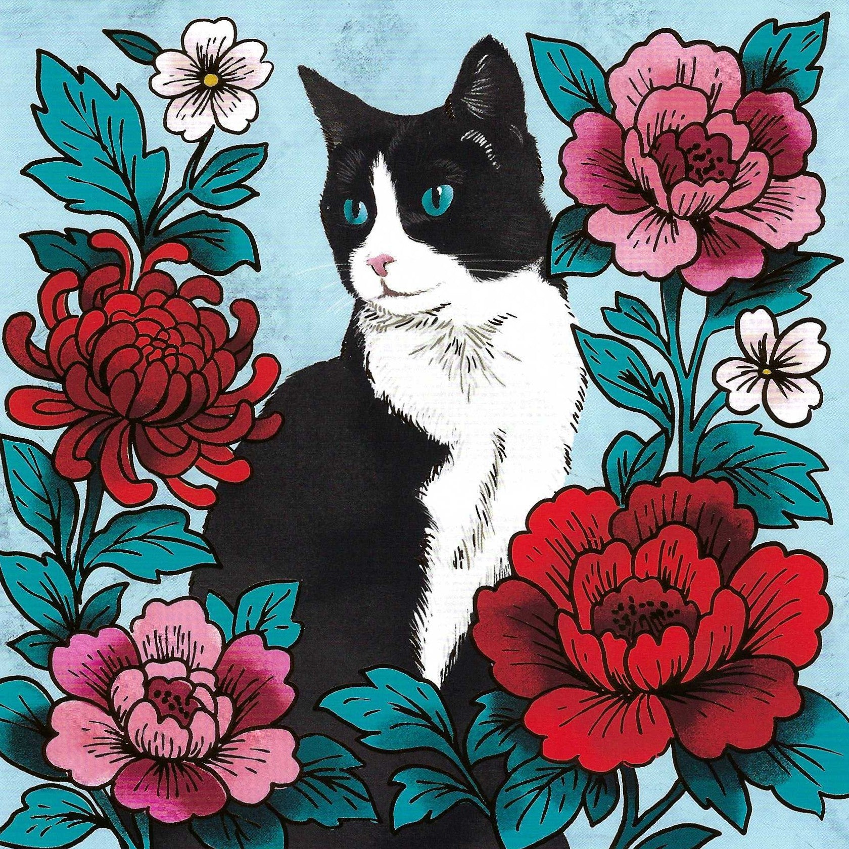 Editor - Art of Emotion Kyoto Postcard featuring a black and white cat surrounded by colorful flowers on a blue background with gold foil details