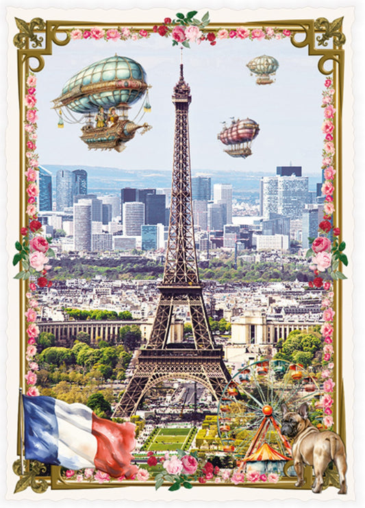 La France Paris Postcard by Edition Tausendschön featuring the Eiffel Tower, the French Flag, a French Bulldog and balloons with the city in the background