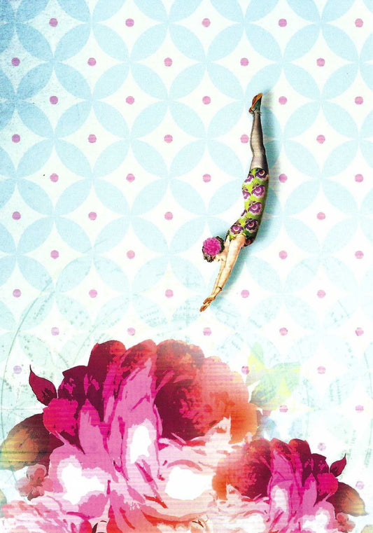 Rosenbad Postcard by La Tack for Nobis Design featuring a woman diving into flowers with a retro/vintage look