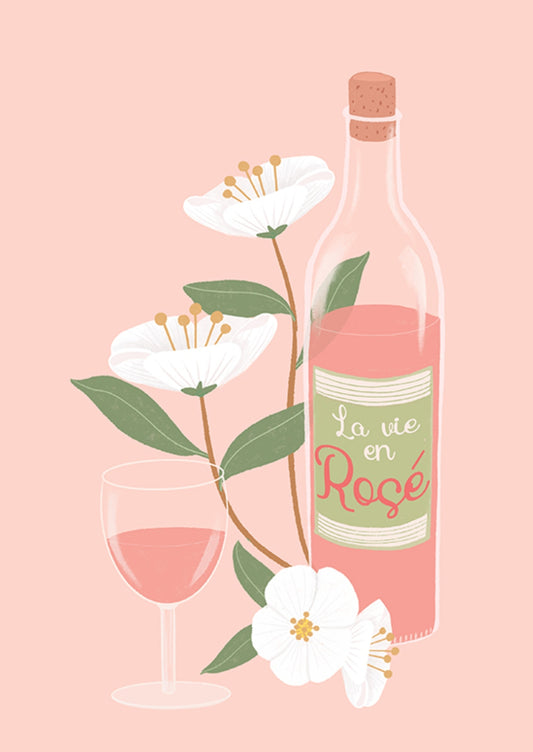 La vie en Rosé Postcard by Nobis Design featuring an illustration of a bottle and glass of rosé wine with flowers on a pink background