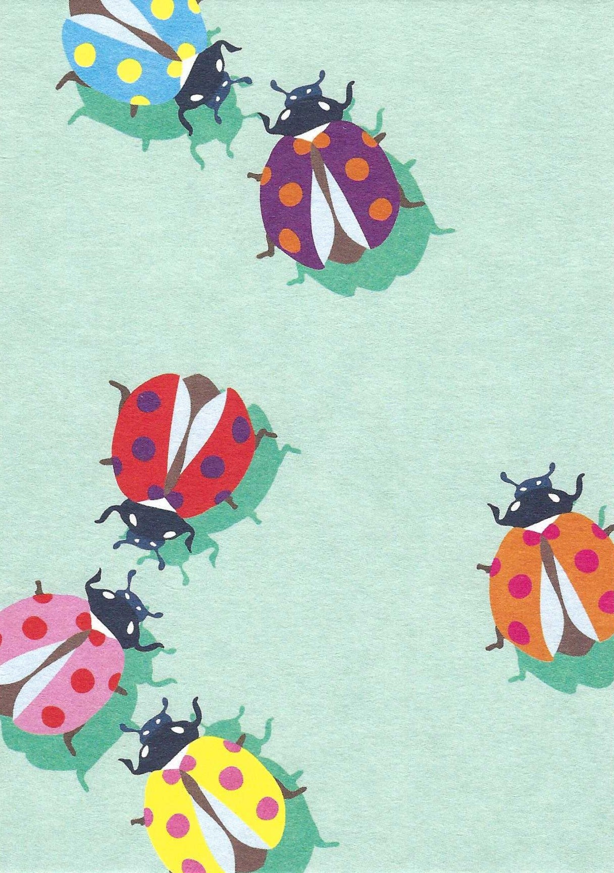 Ladybugs PADINO Postcard by Nobis Design featuring stylized ladybugs in red, purple, pink, yellow, blue and orange on a pale mint green background.