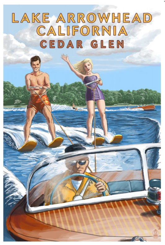 Lantern Press Postcard featuring a vintage-style illustration of people water skiing on Lake Arrowhead, California.