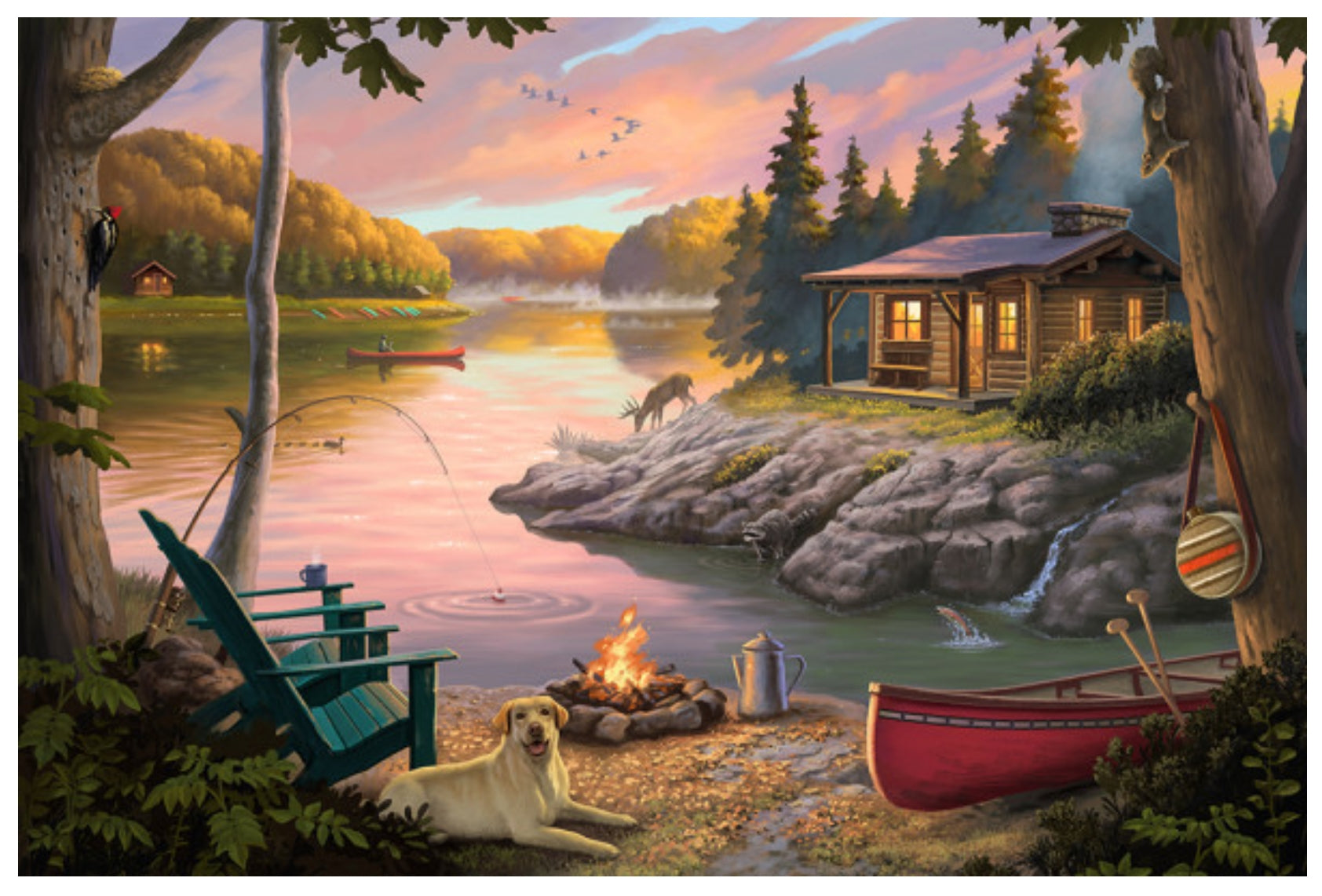 Lake Living Postcard by Lantern Press featuring a scenic painted lakeside campsite at sunset with a log cabin, canoe, Adirondack chair, campfire, dog, birds, deer and trees.